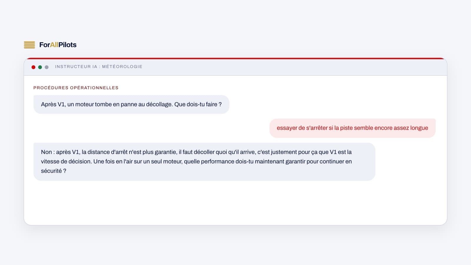 The ForAllPilots AI instructor: a question on an engine failure after V1, the student's answer and the instructor's follow-up
