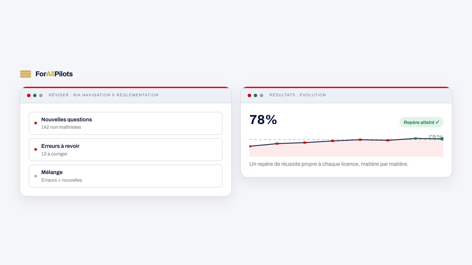 Revision tracking: new questions, mistakes to review, and the success rate over time against the 75% benchmark