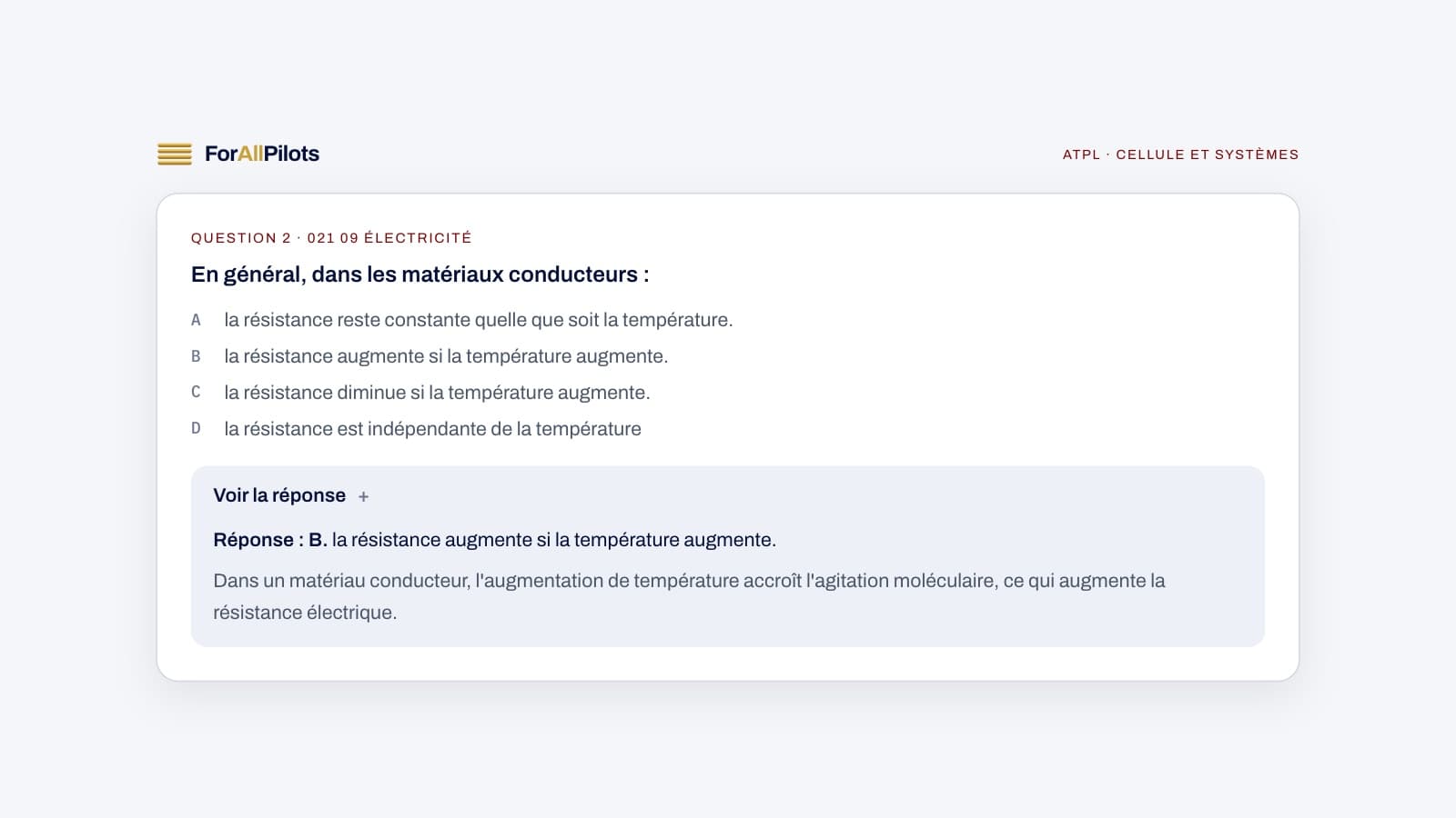 A question from the ATPL question bank, subject Cellule et systèmes (in French), with its answer and explanation