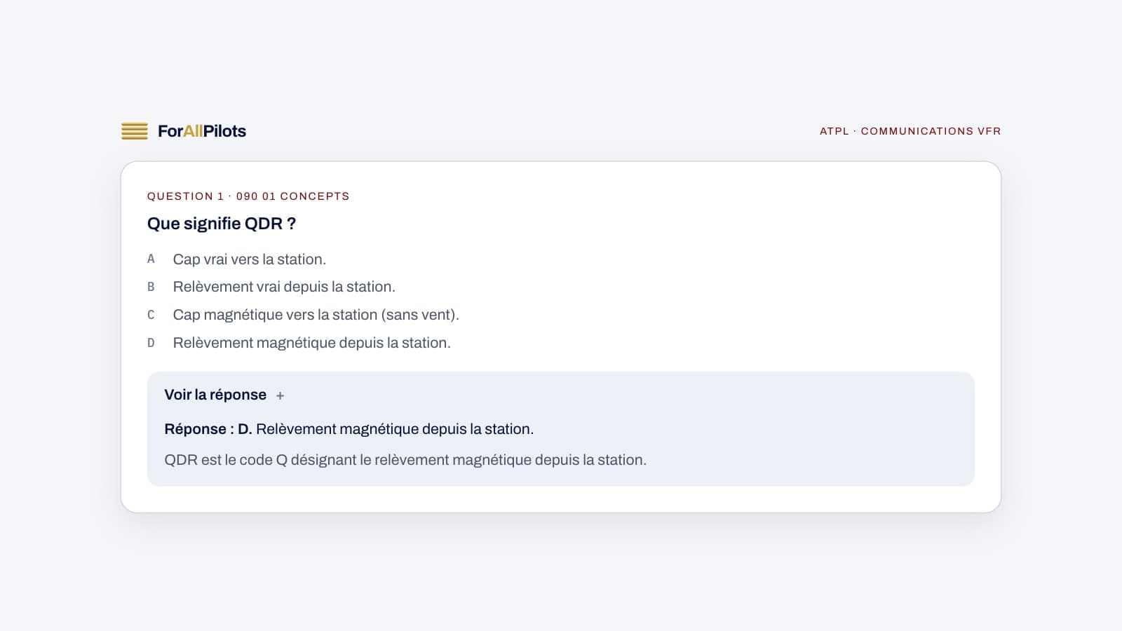 A question from the ATPL question bank, subject Communications VFR (in French), with its answer and explanation