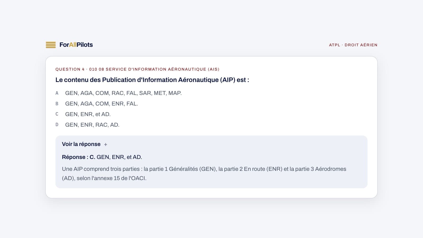 A question from the ATPL question bank, subject Droit aérien (in French), with its answer and explanation