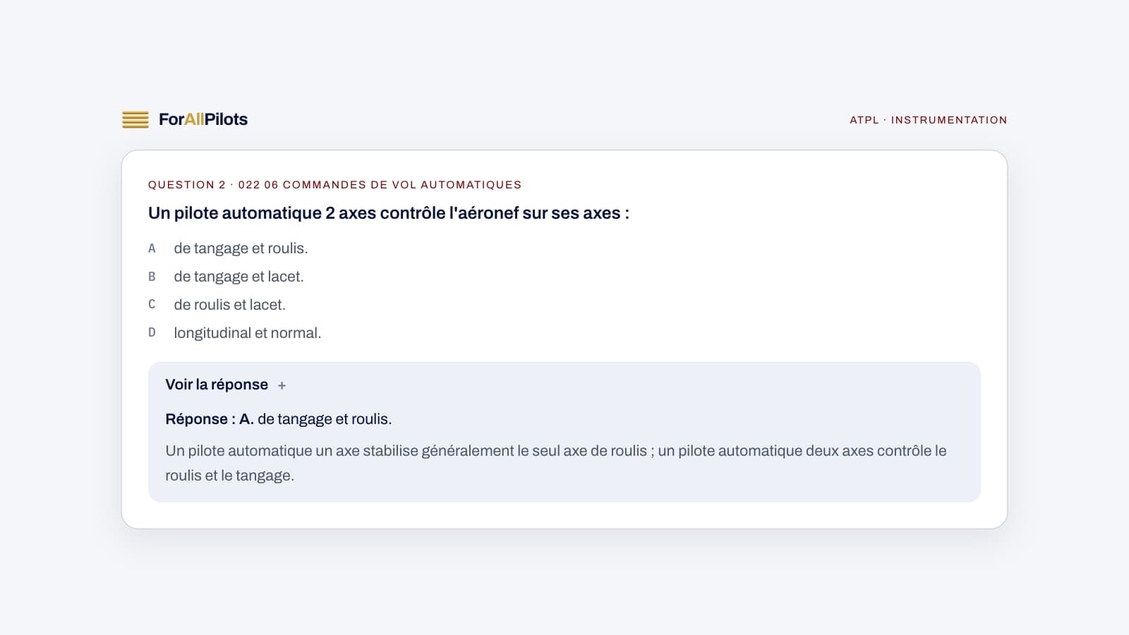 A question from the ATPL question bank, subject Instrumentation (in French), with its answer and explanation