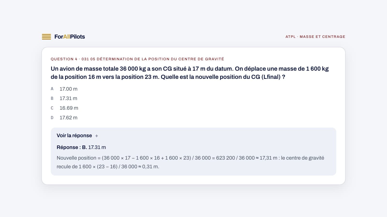 A question from the ATPL question bank, subject Masse et centrage (in French), with its answer and explanation