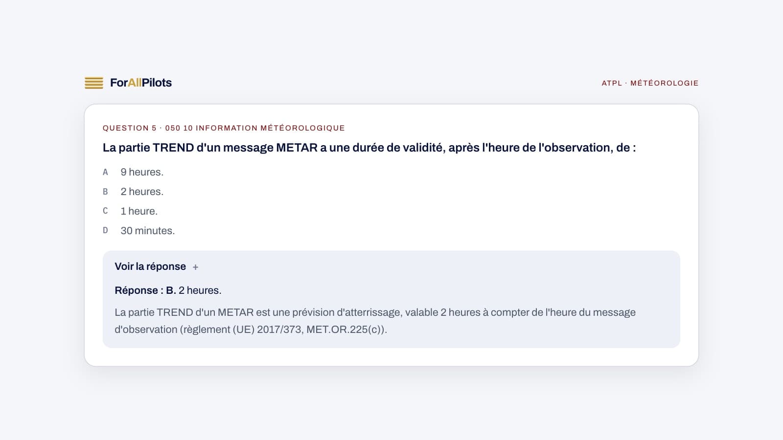A question from the ATPL question bank, subject Météorologie (in French), with its answer and explanation
