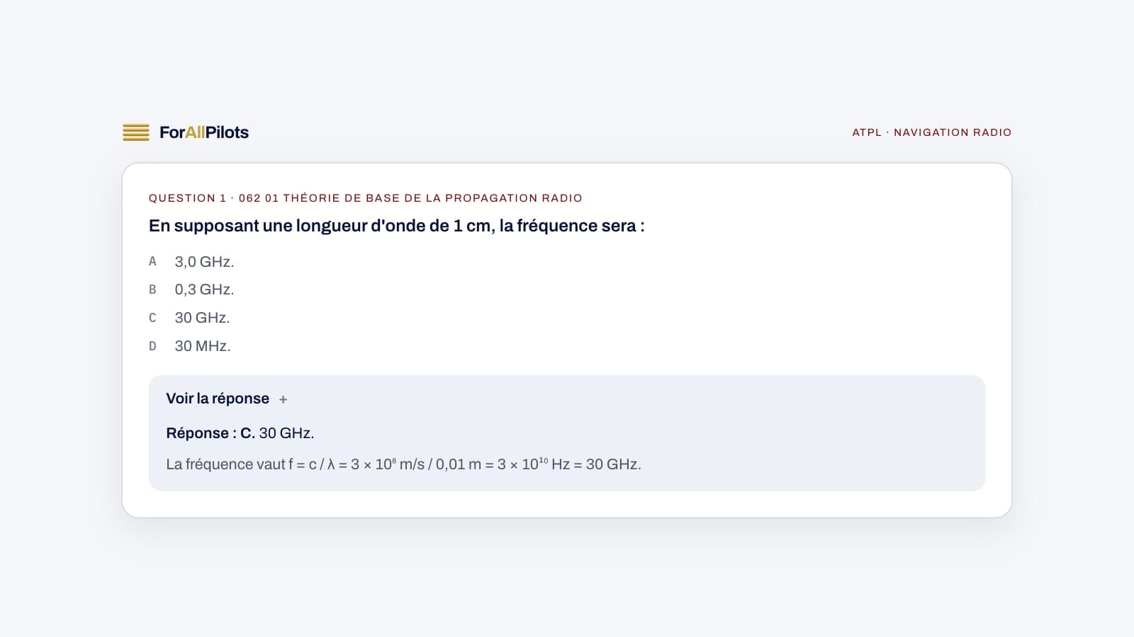 A question from the ATPL question bank, subject Navigation radio (in French), with its answer and explanation