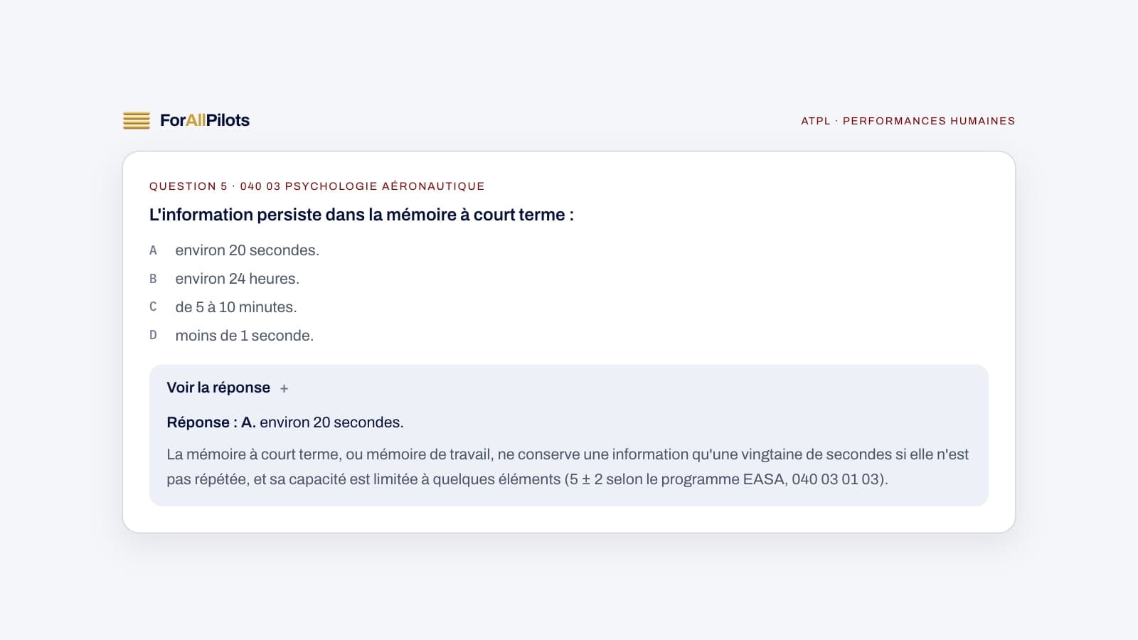 A question from the ATPL question bank, subject Performances humaines (in French), with its answer and explanation