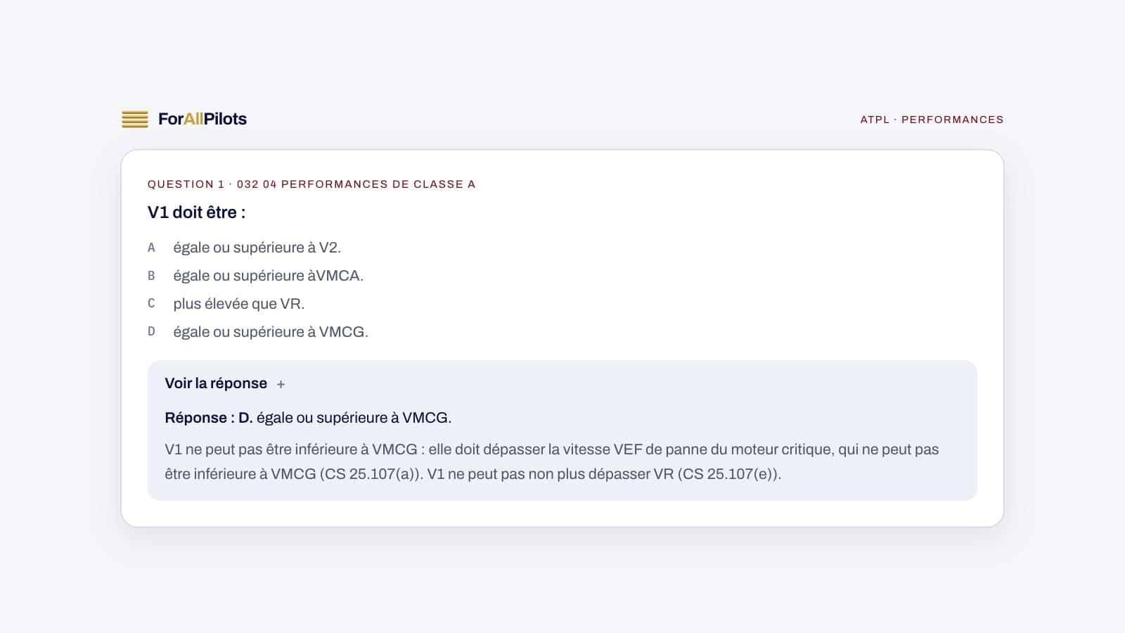 A question from the ATPL question bank, subject Performances (in French), with its answer and explanation