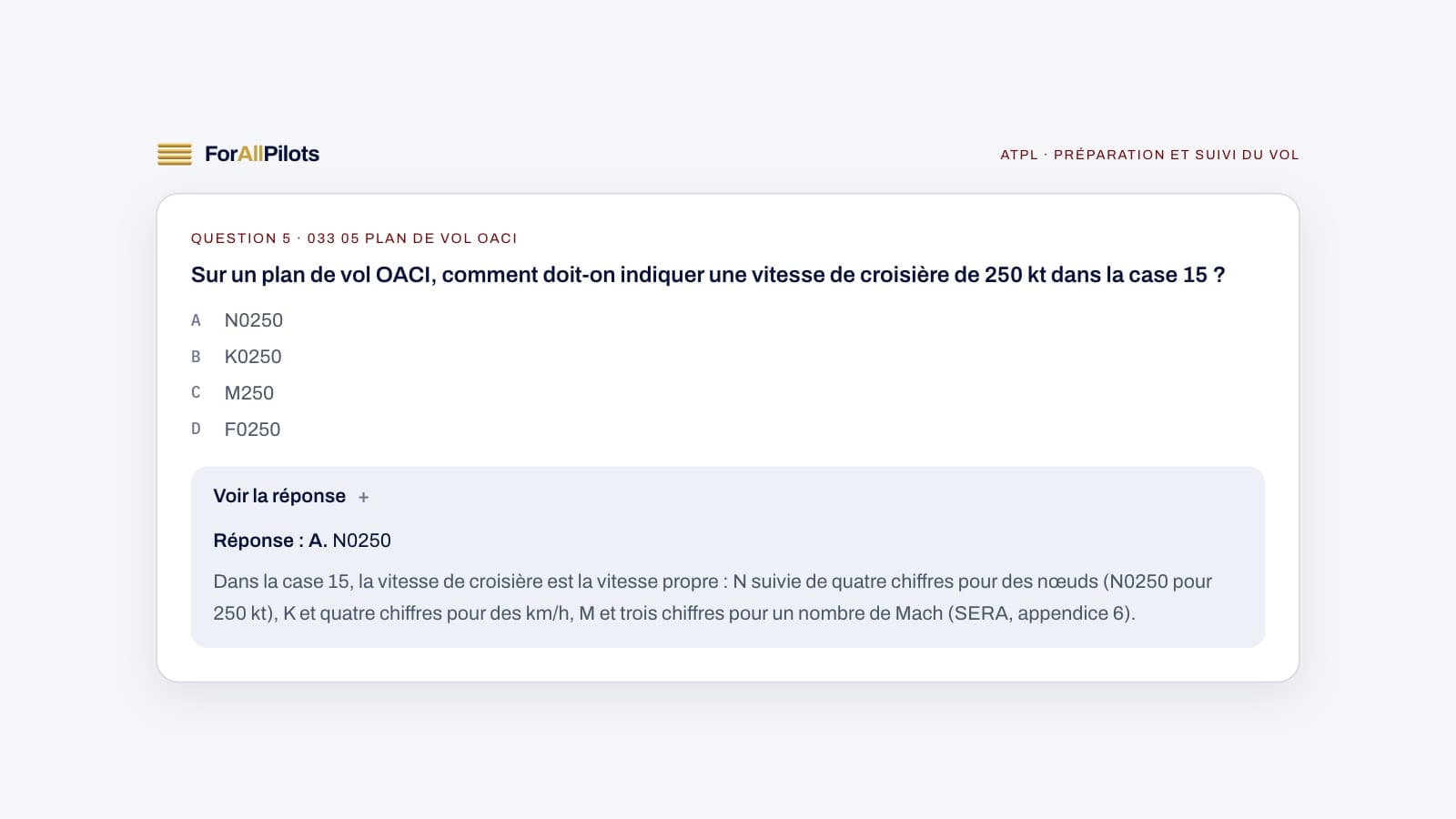 A question from the ATPL question bank, subject Préparation et suivi du vol (in French), with its answer and explanation