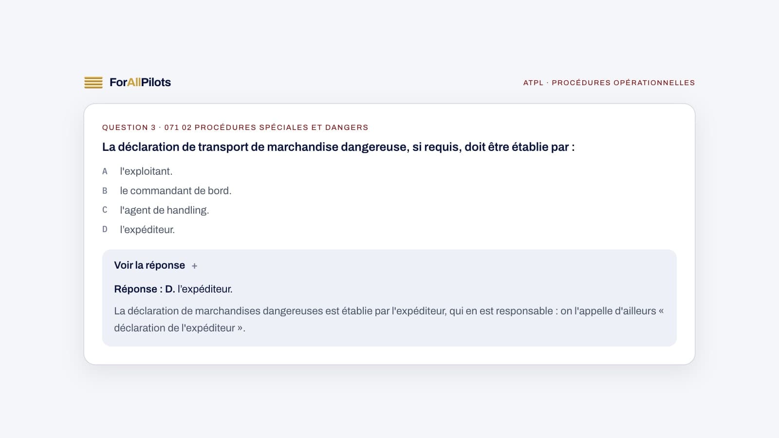 A question from the ATPL question bank, subject Procédures opérationnelles (in French), with its answer and explanation