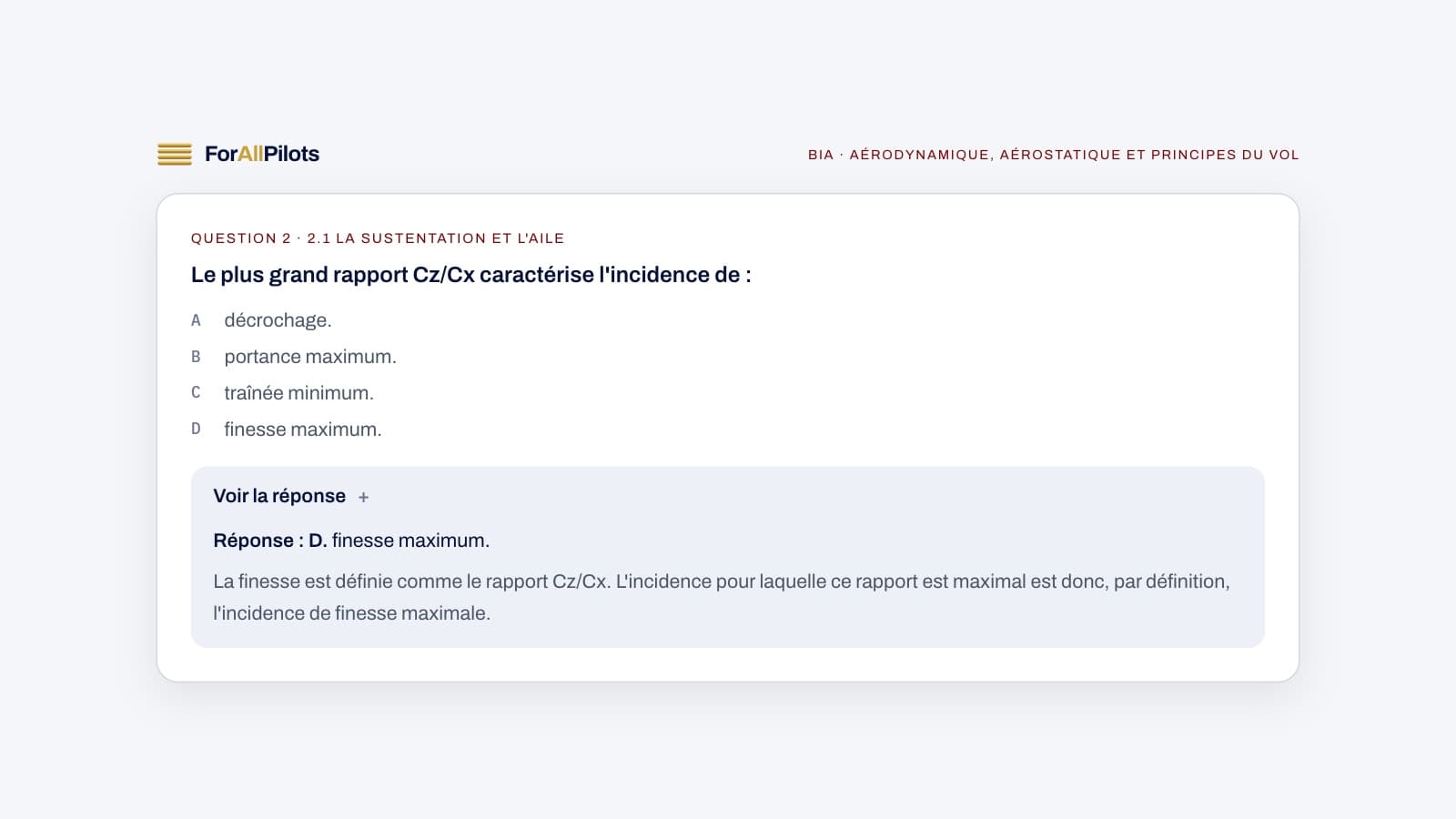 A question from the BIA question bank, subject Aérodynamique, aérostatique et principes du vol (in French), with its answer and explanation