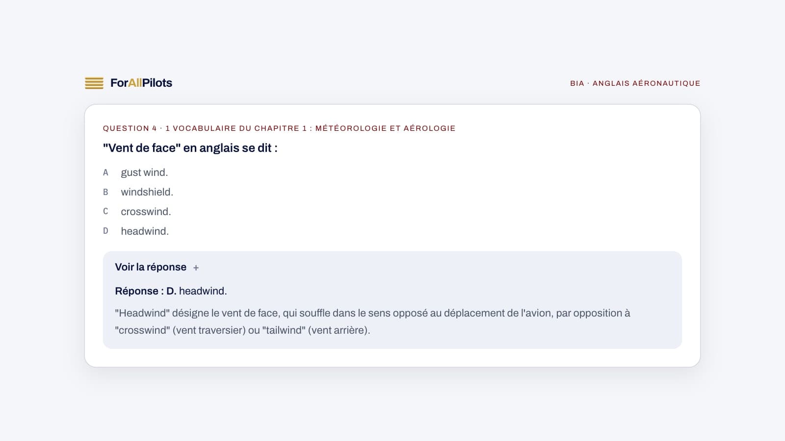 A question from the BIA question bank, subject Anglais aéronautique (in French), with its answer and explanation