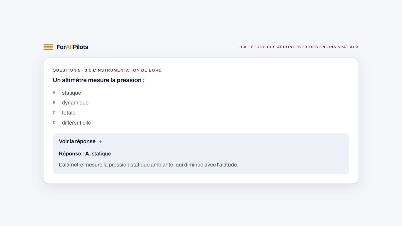 A question from the BIA question bank, subject Étude des aéronefs et des engins spatiaux (in French), with its answer and explanation