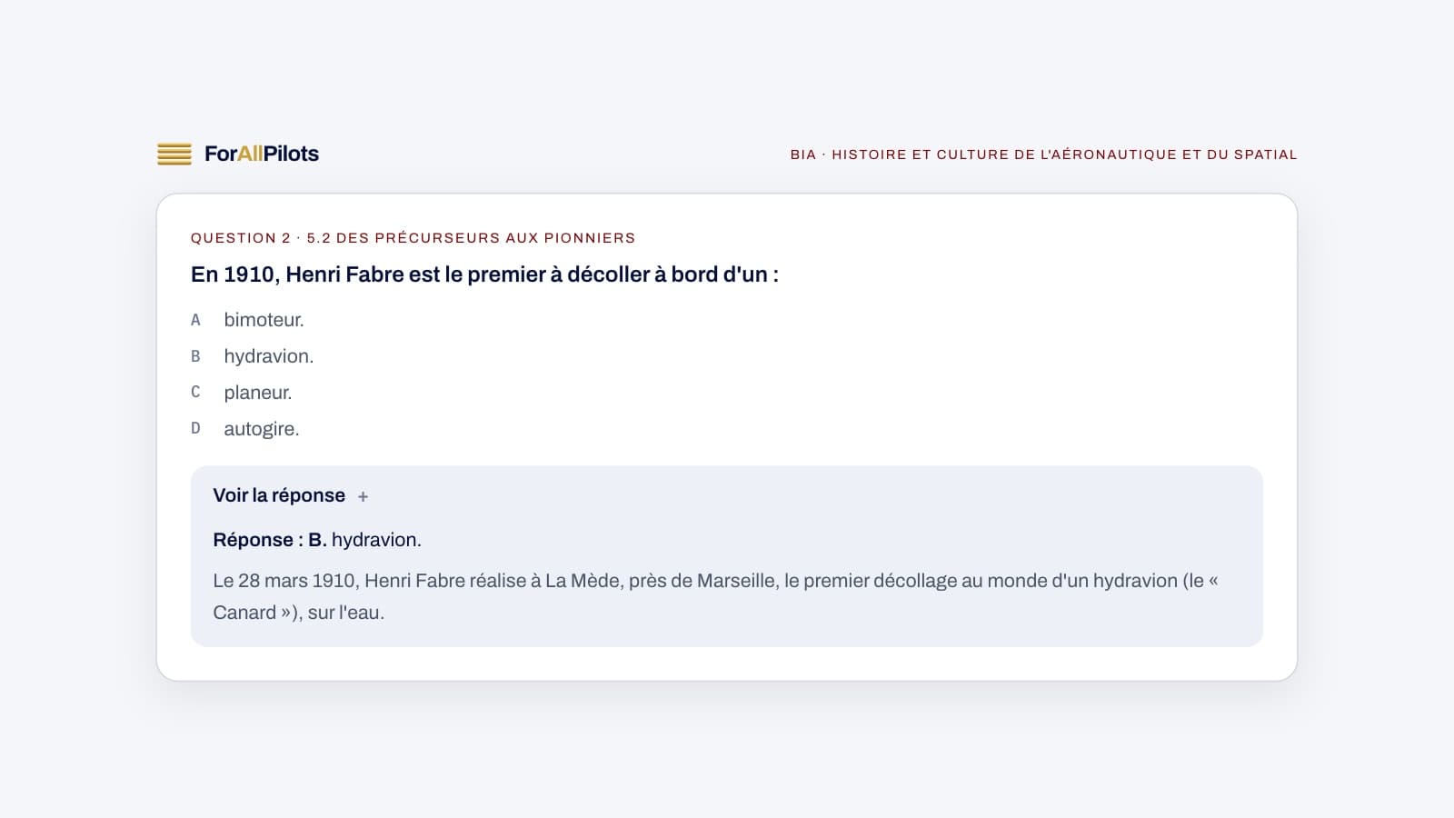 A question from the BIA question bank, subject Histoire et culture de l'aéronautique et du spatial (in French), with its answer and explanation