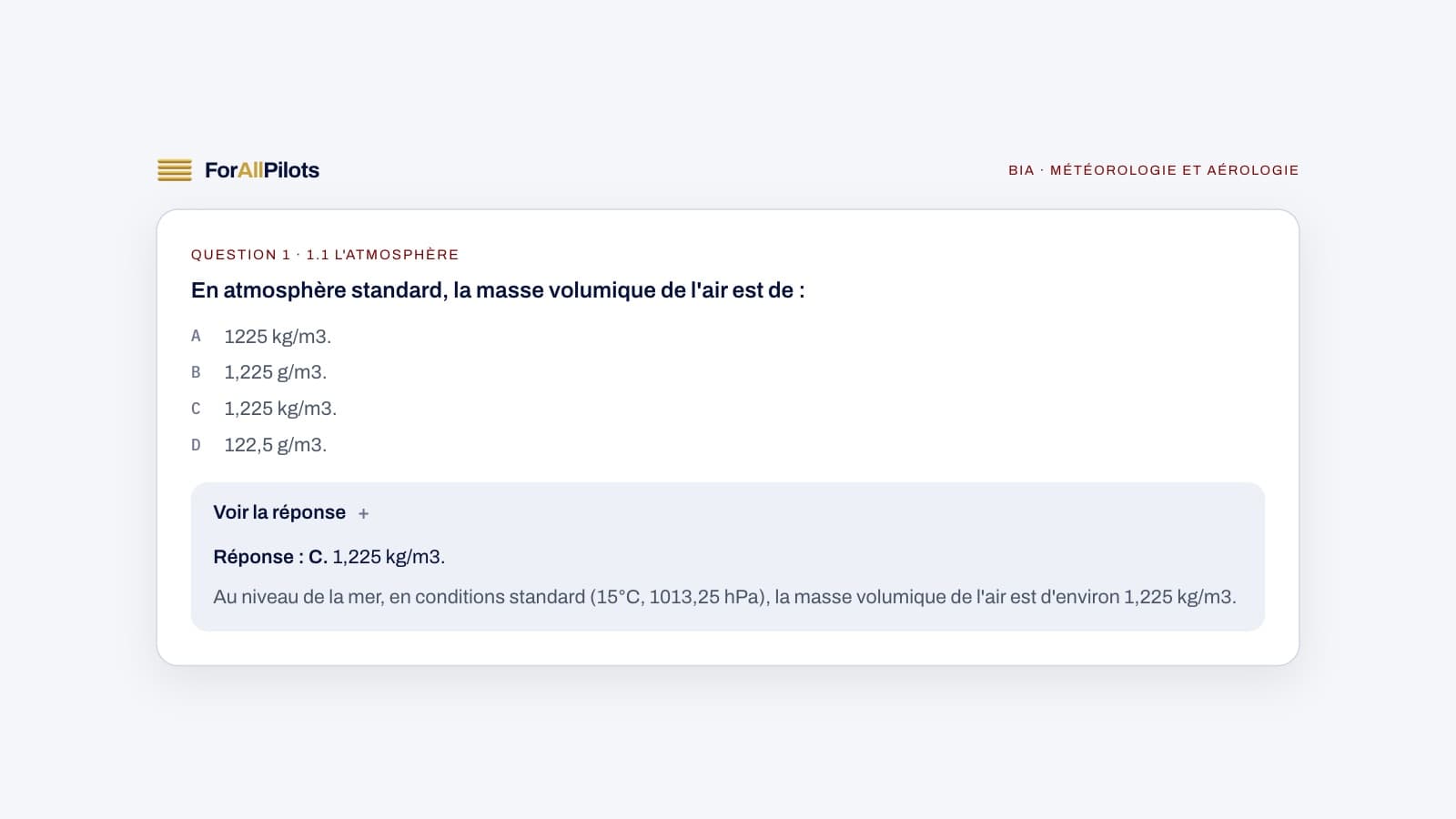 A question from the BIA question bank, subject Météorologie et aérologie (in French), with its answer and explanation