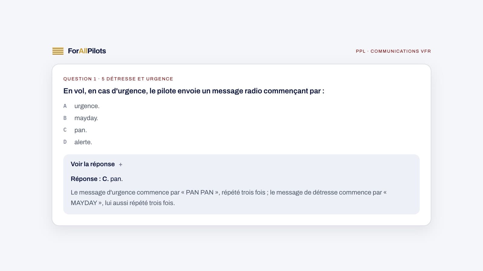 A question from the PPL question bank, subject Communications VFR (in French), with its answer and explanation