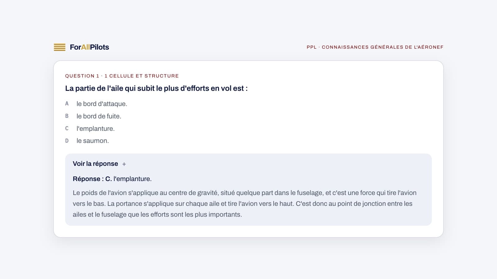 A question from the PPL question bank, subject Connaissances générales de l'aéronef (in French), with its answer and explanation