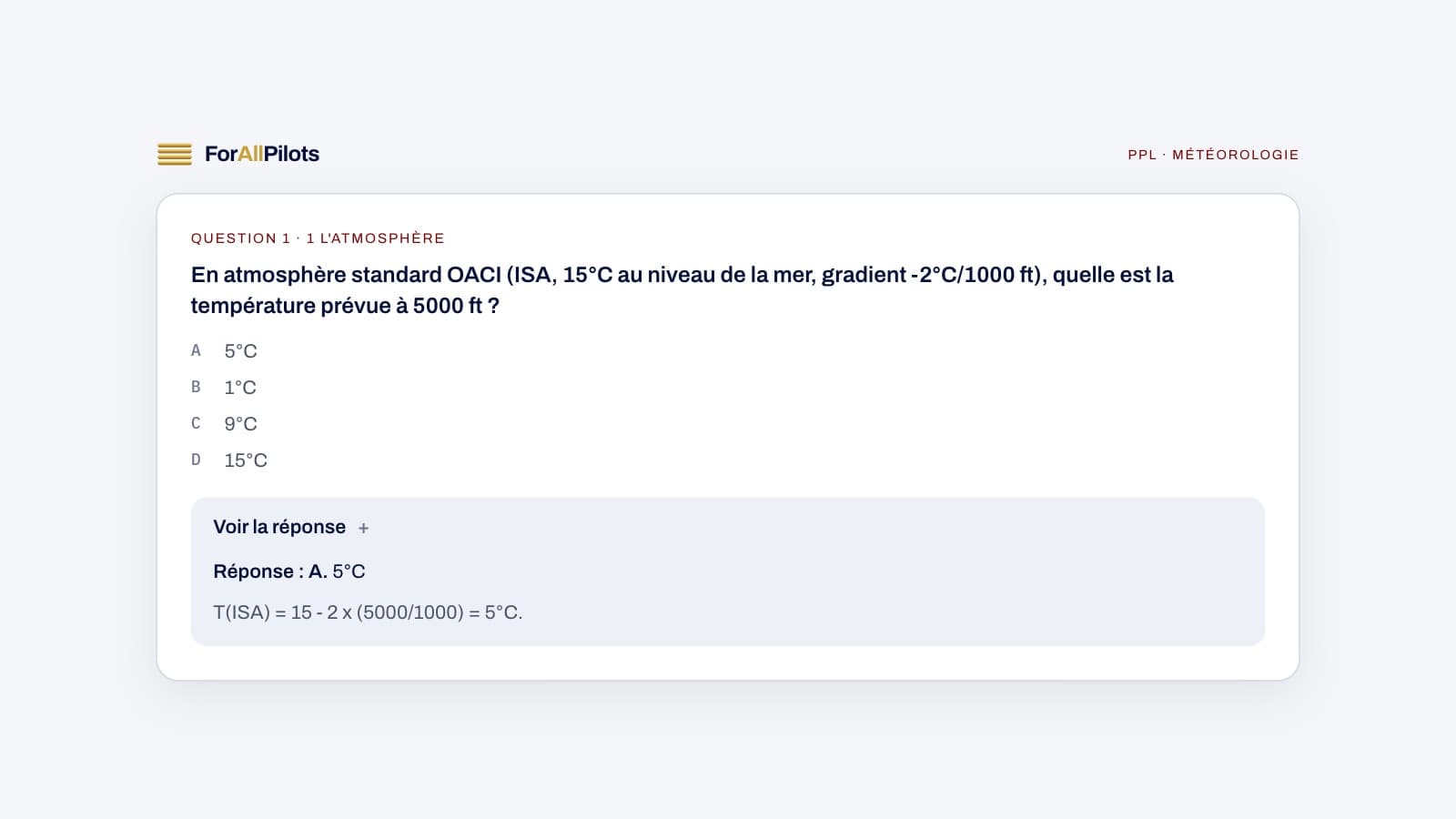 A question from the PPL question bank, subject Météorologie (in French), with its answer and explanation