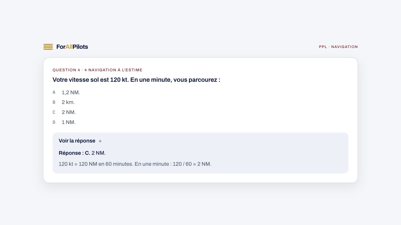 A question from the PPL question bank, subject Navigation (in French), with its answer and explanation