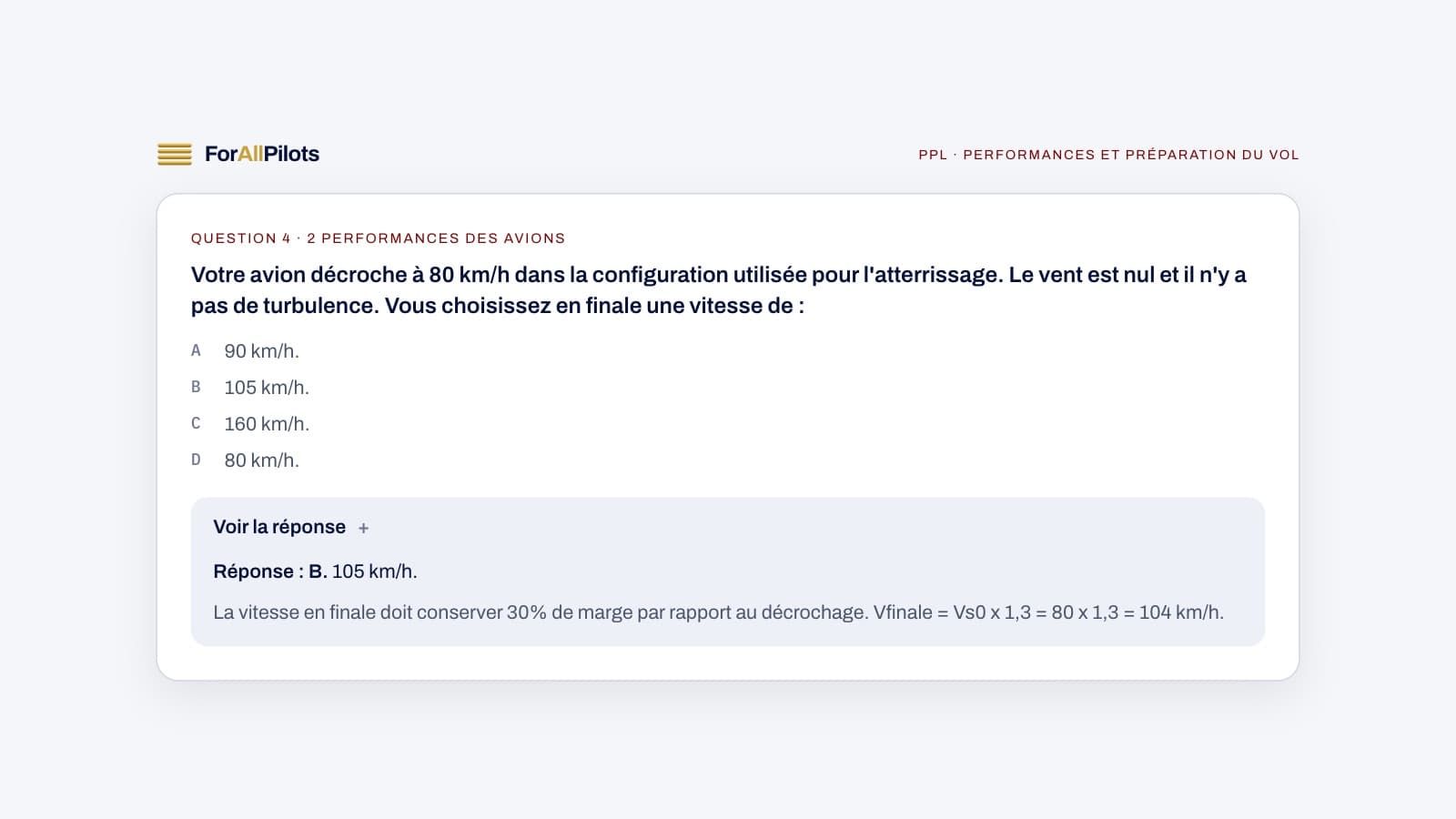 A question from the PPL question bank, subject Performances et préparation du vol (in French), with its answer and explanation