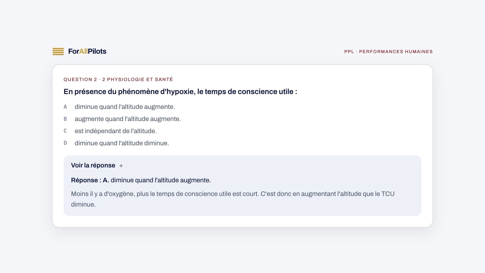 A question from the PPL question bank, subject Performances humaines (in French), with its answer and explanation