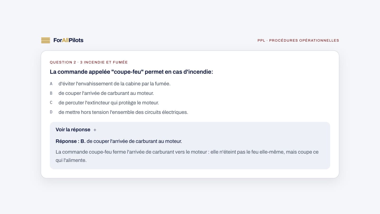 A question from the PPL question bank, subject Procédures opérationnelles (in French), with its answer and explanation