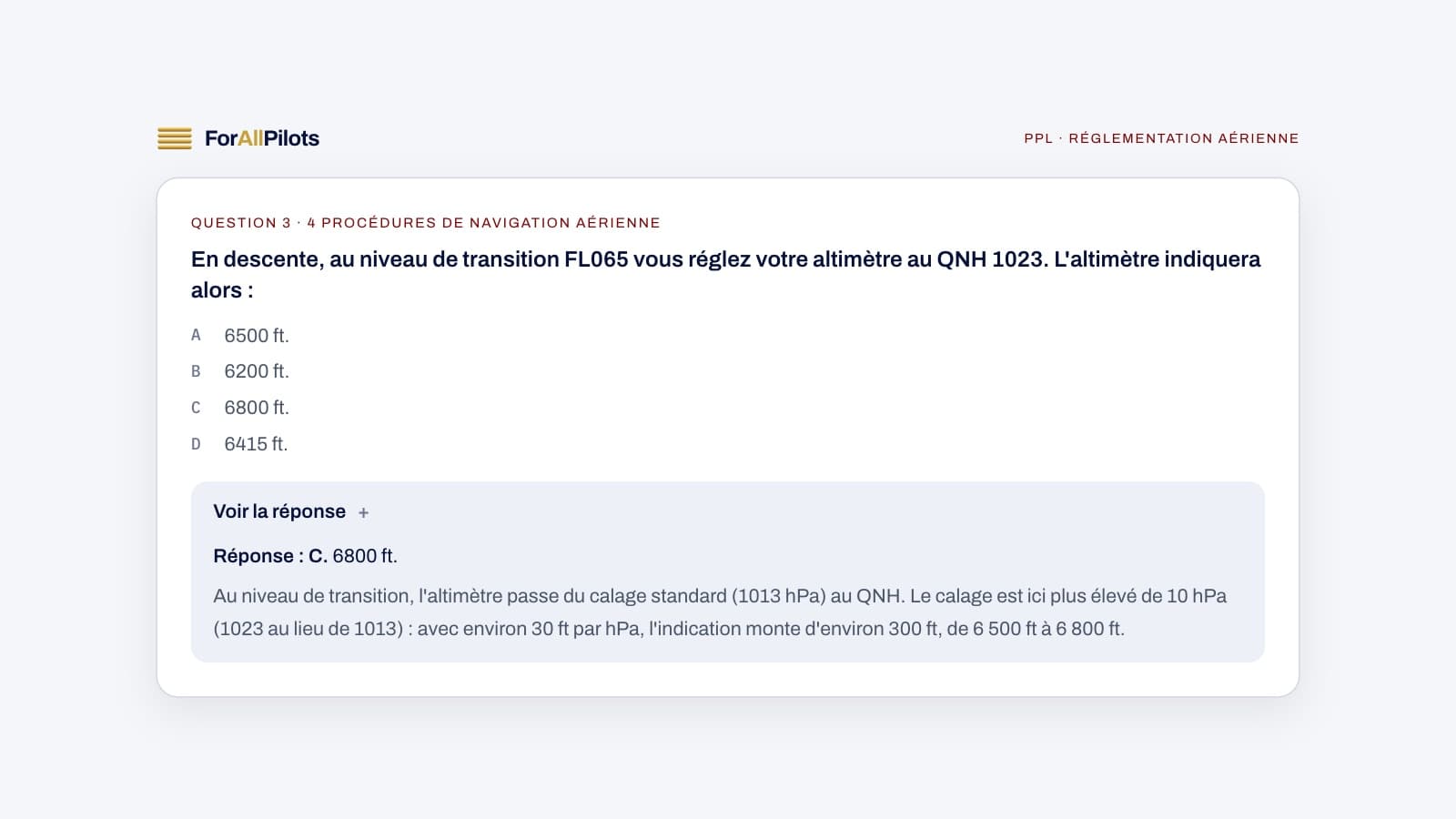 A question from the PPL question bank, subject Réglementation aérienne (in French), with its answer and explanation