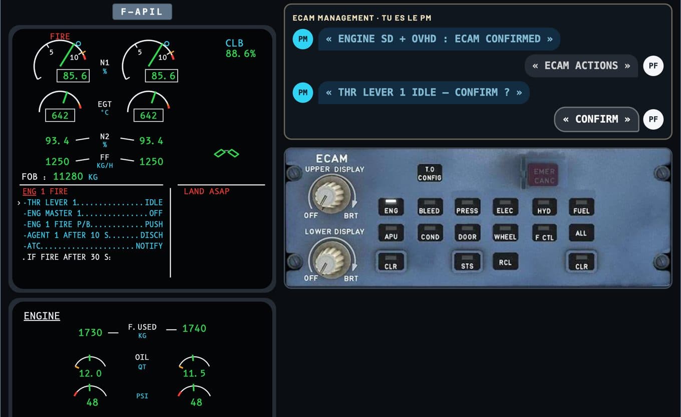 The A320 ECAM Trainer during an ENG 1 FIRE: the E/WD with the procedure, the ENGINE page, the PM/PF callouts and the ECP