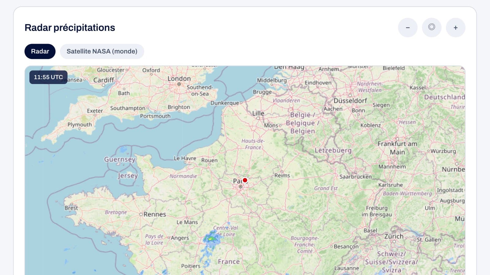 The precipitation radar, zoomed out over France and western Europe, with the time of the image