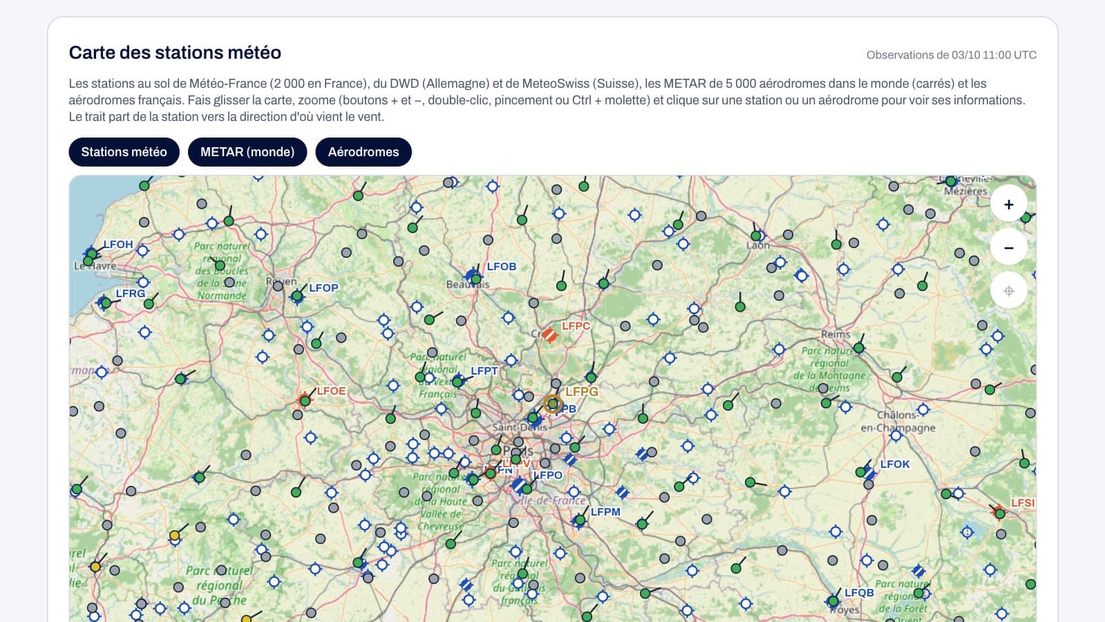 The weather station map around Paris: Météo-France stations, METARs and aerodromes, each with its wind