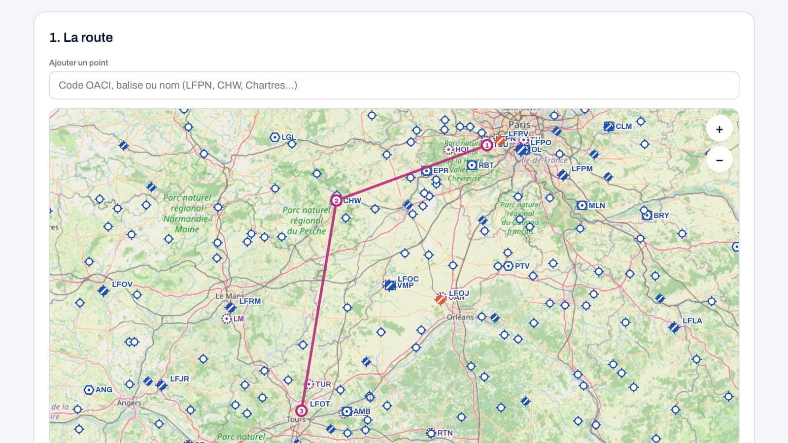 Flight planning: the Toussus – Chartres – Tours route drawn on the map of aerodromes and beacons