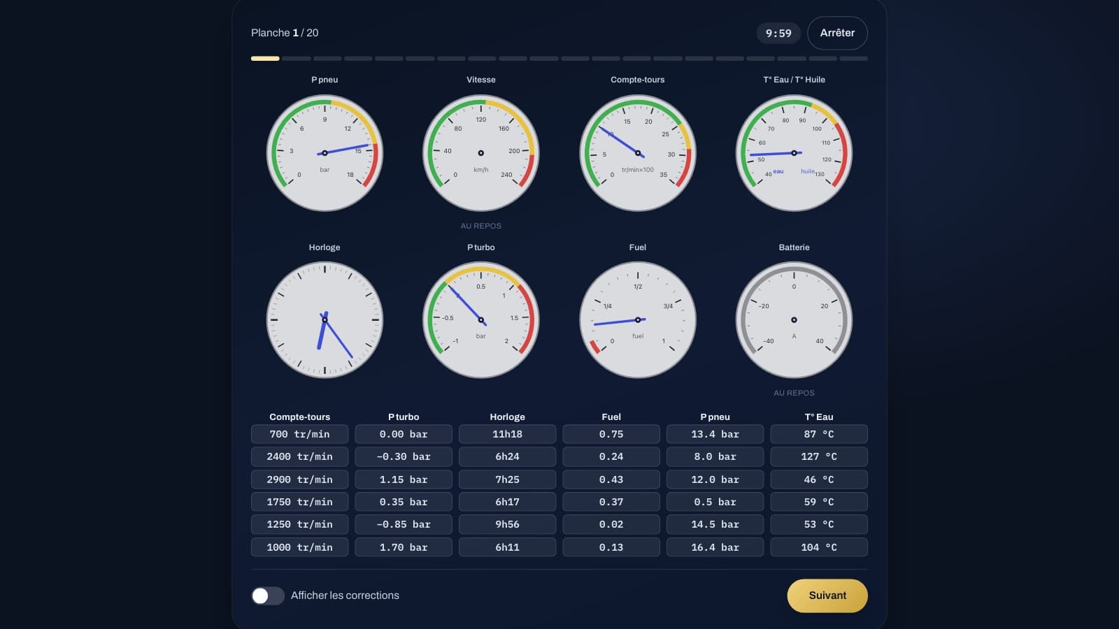 The dials test: eight dials to read, with a column of candidate values for each needle