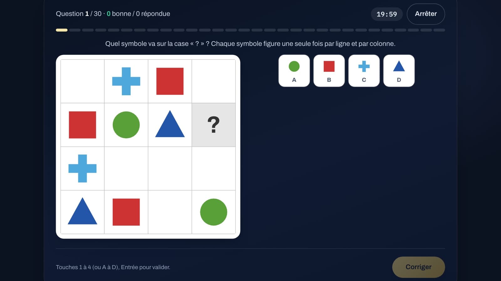 Deductive reasoning: a symbol grid to complete, each symbol once in every row and column