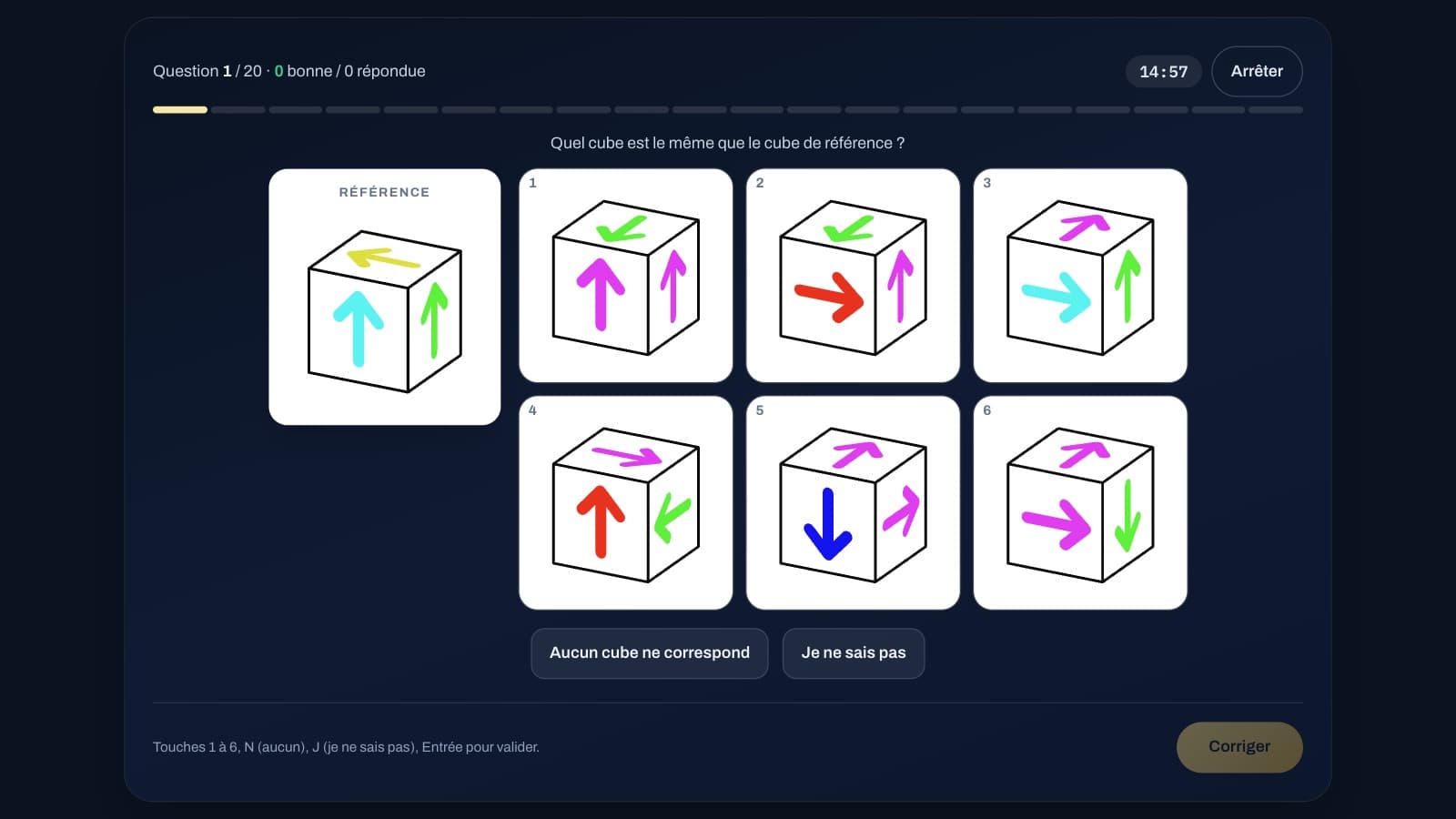 Cube comparison: a reference cube on the left and six cubes, only one of which can be the same