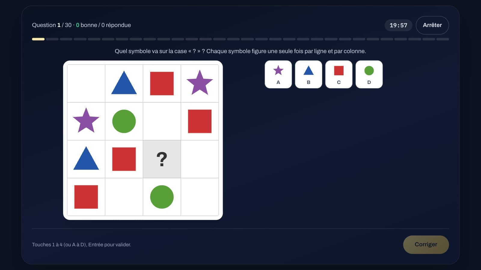 Deductive reasoning: a symbol grid with one cell to find, and four symbols to choose from