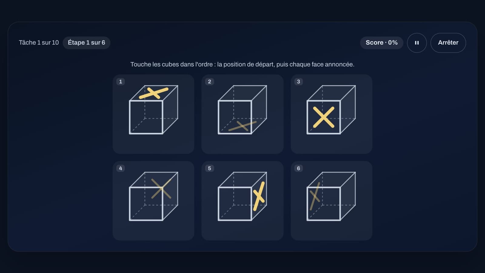 3D spatial orientation: six cubes, each with a cross on a different face, to tap in order