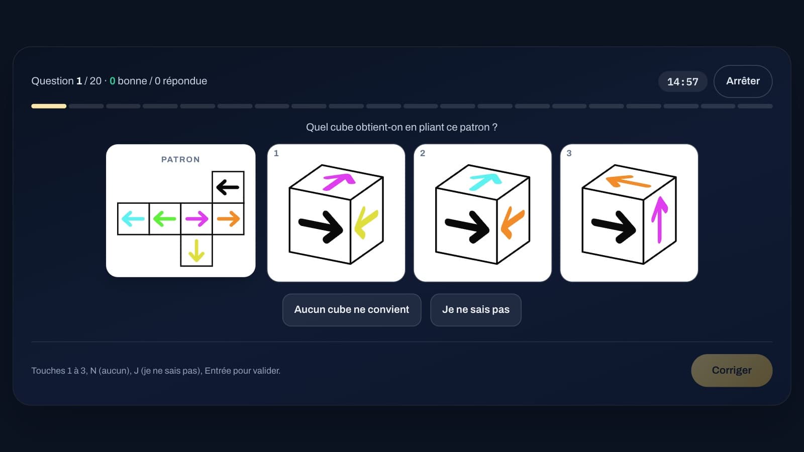 The cube net: an unfolded net and three cubes to choose from, or “No cube matches”