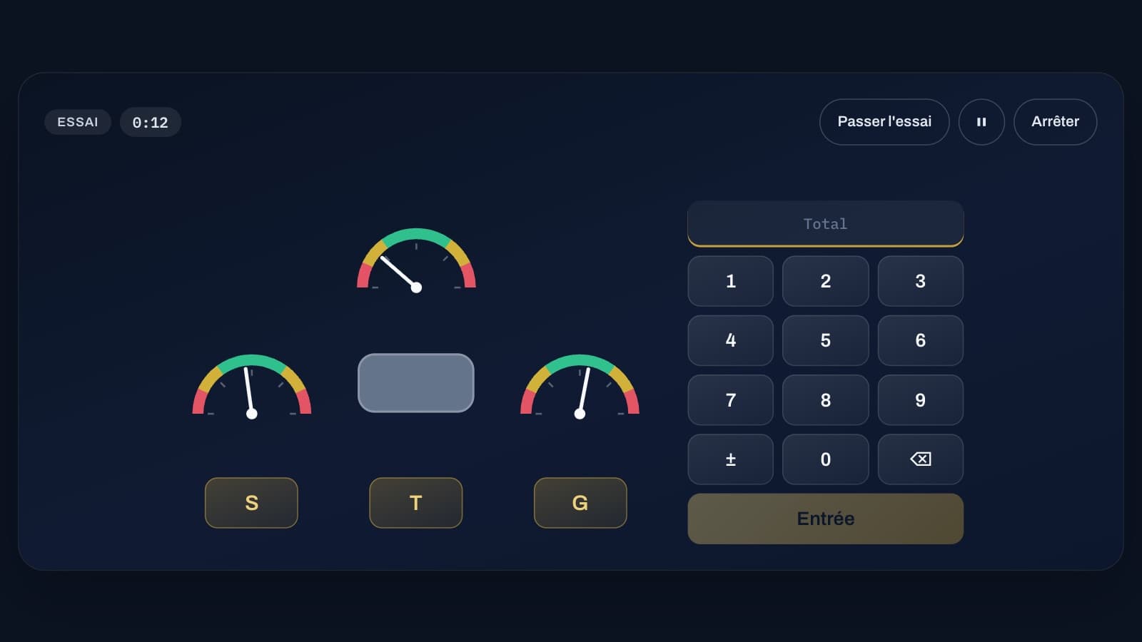 The centre box has turned grey: time to type the total on the keypad and confirm with Enter