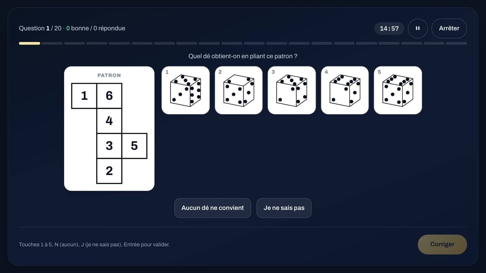 Cube folding: a net numbered 1 to 6 and five dice to choose from