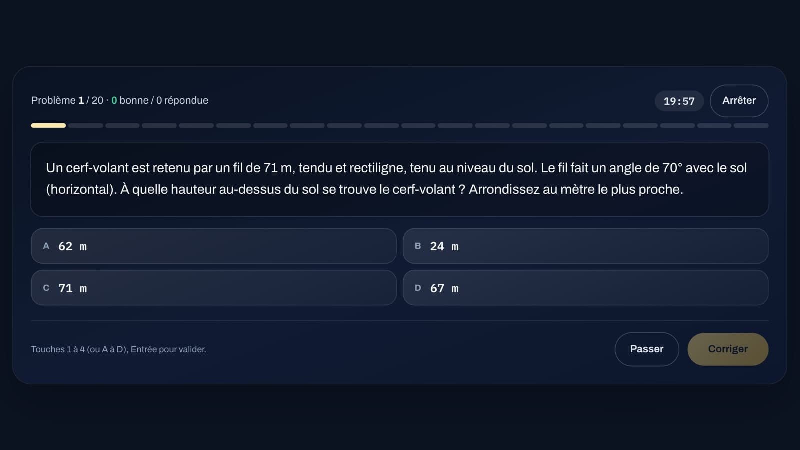 A word problem and its four candidate answers, with the set's timer