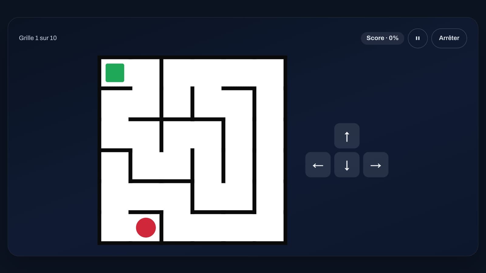 The rotating maze: the red ball, the green exit and the four arrow buttons that always keep the same direction
