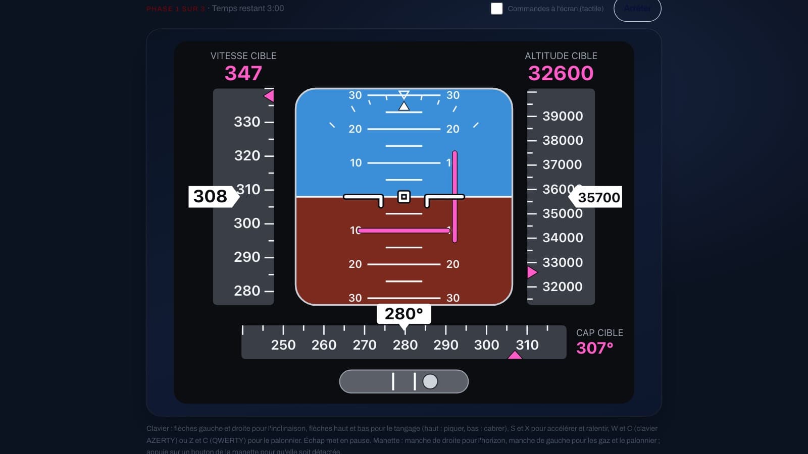 The PFD test: a flight display to fly, with the target speed, altitude and heading