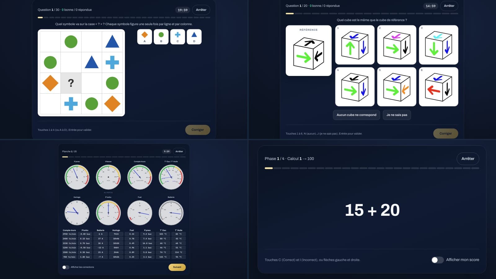 Four psychometric practice exercises: a symbol grid, cubes, dials and a mental arithmetic sum