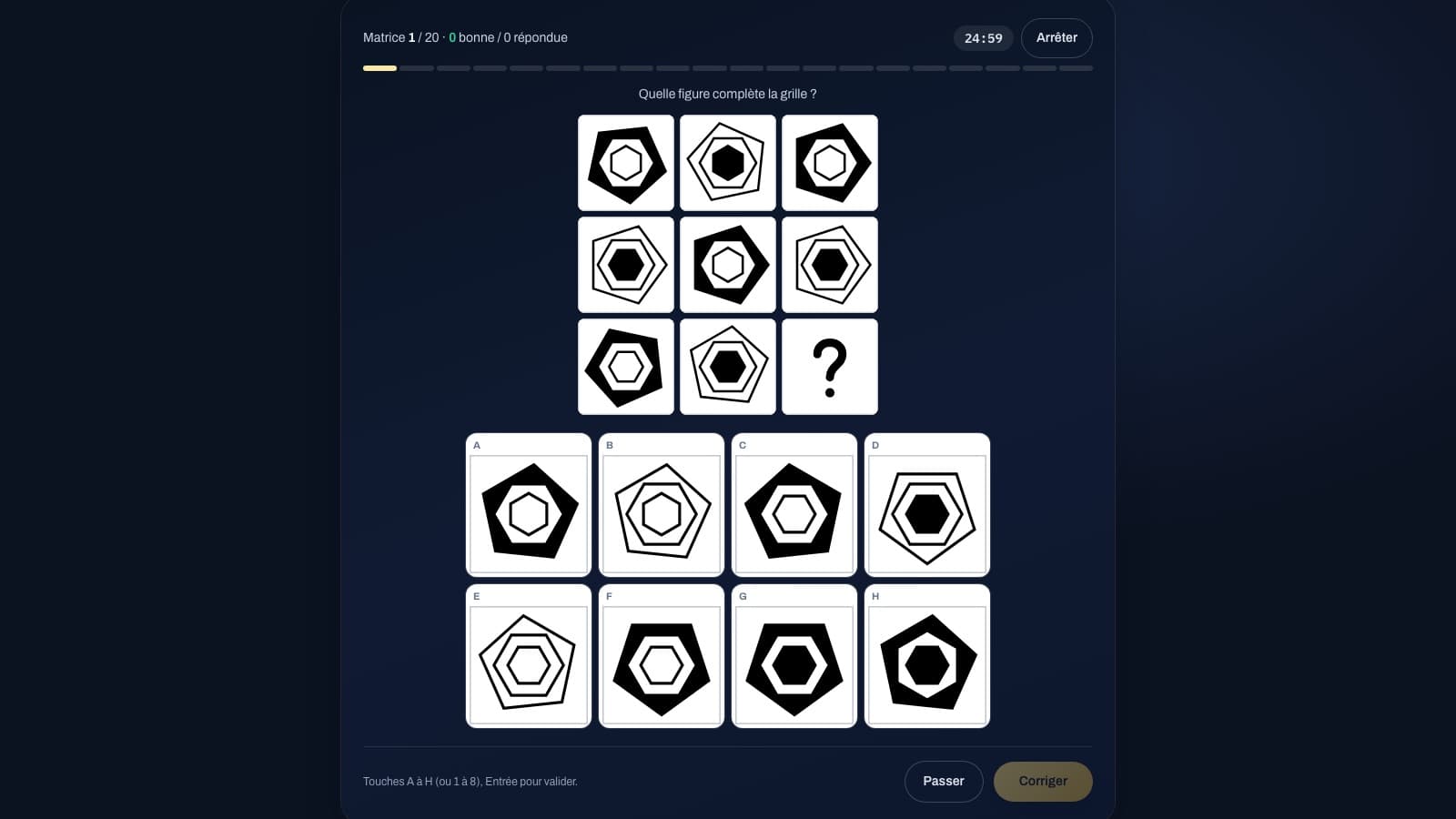The matrices: a 3 x 3 grid of figures with the last cell missing, and eight options